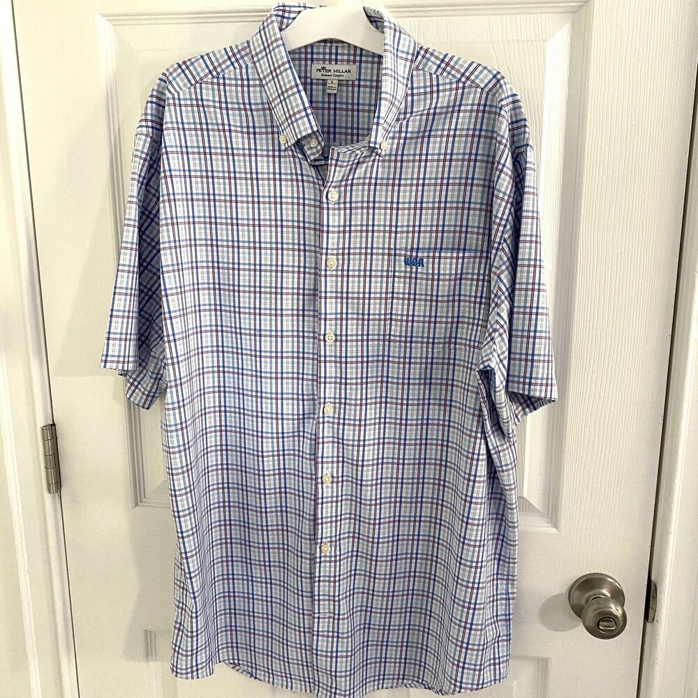 Peter Millar shirt Mens Large Short Sleeve Button Up Cotton Plaid preppy